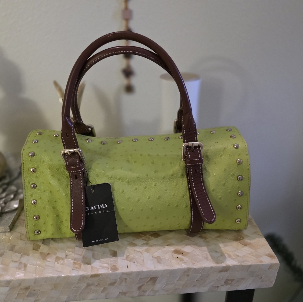 Claudia Firenze Green Leather Satchel Handbag with Brown Trim..NWT